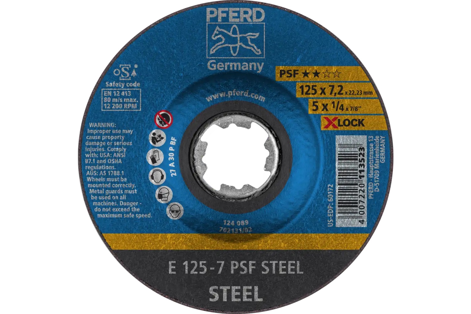 Picture of Pferd Grinding Wheel, 5" X 1/4, X-Lock, Psf Steel, T27, Aluminum Oxide
